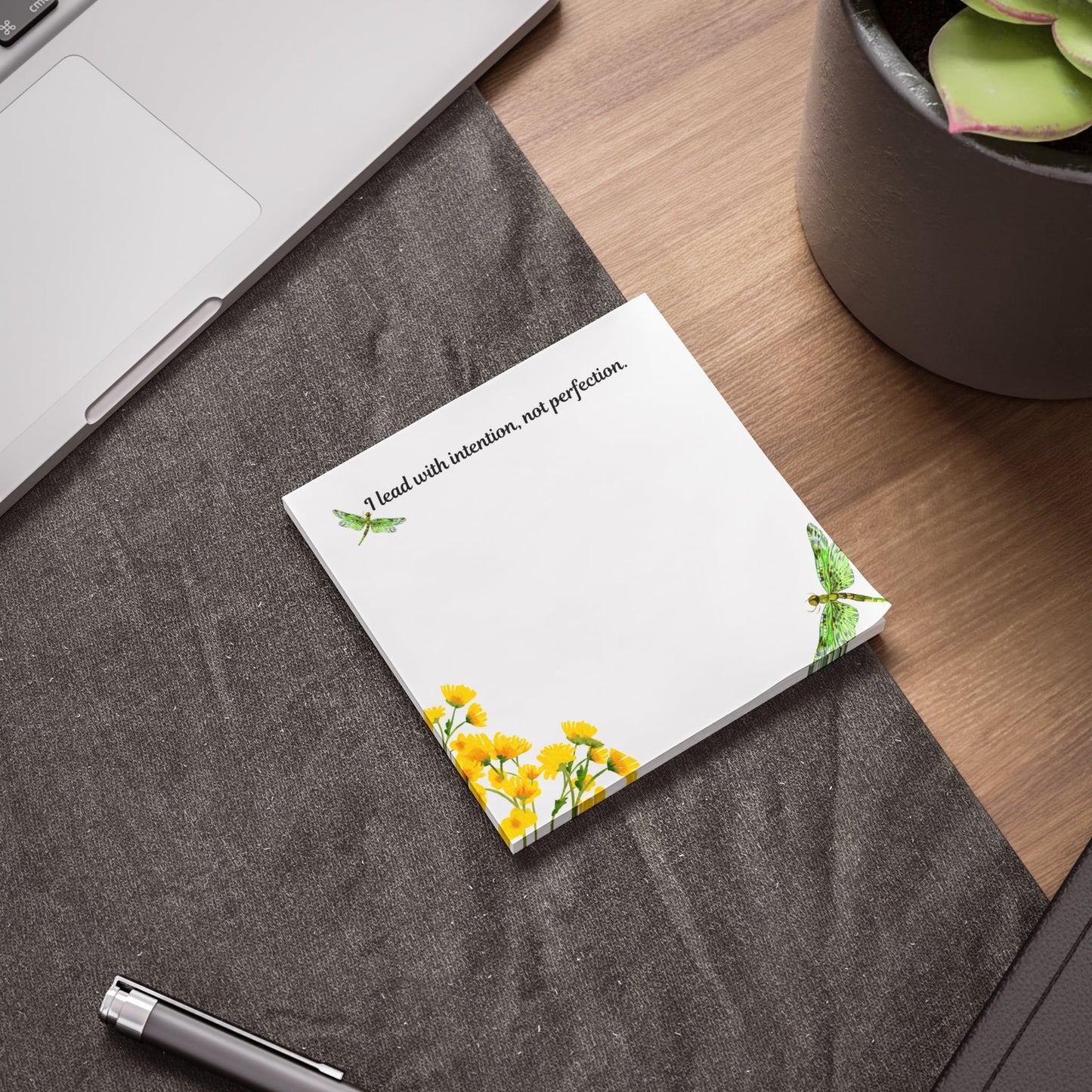 I Lead with Intention, Not Perfection – Motivational Sticky Note Pad | Yellow Floral Notepad with Dragonfly Design | Empowering Desk Accessory Printify