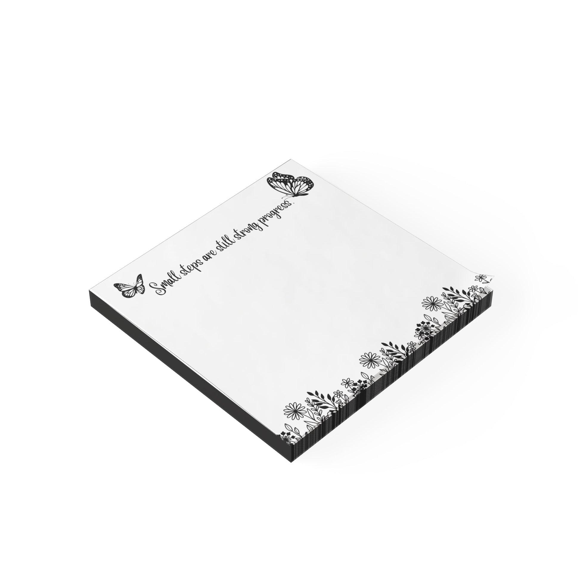 Small Steps Are Still Strong Progress – Motivational Sticky Note Pad | Black & White Floral Note Pad with Butterfly Design | Minimalist Desk Accessory Printify