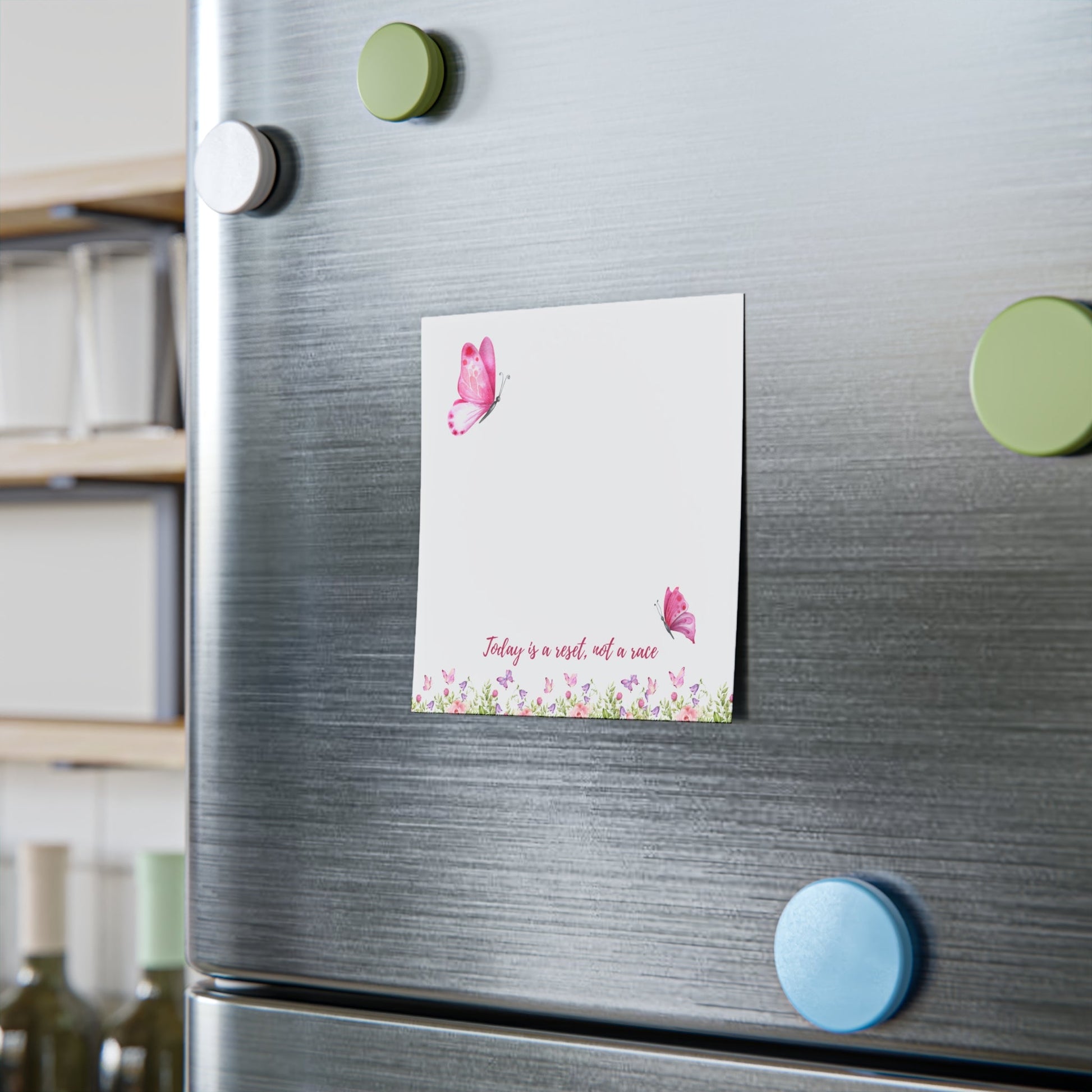 Motivational Sticky Note – “Today Is a Reset, Not a Race” | Butterfly & Floral Self-Care Pad Printify