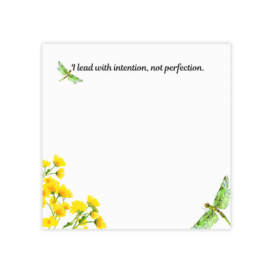I Lead with Intention, Not Perfection – Motivational Sticky Note Pad | Yellow Floral Notepad with Dragonfly Design | Empowering Desk Accessory Printify