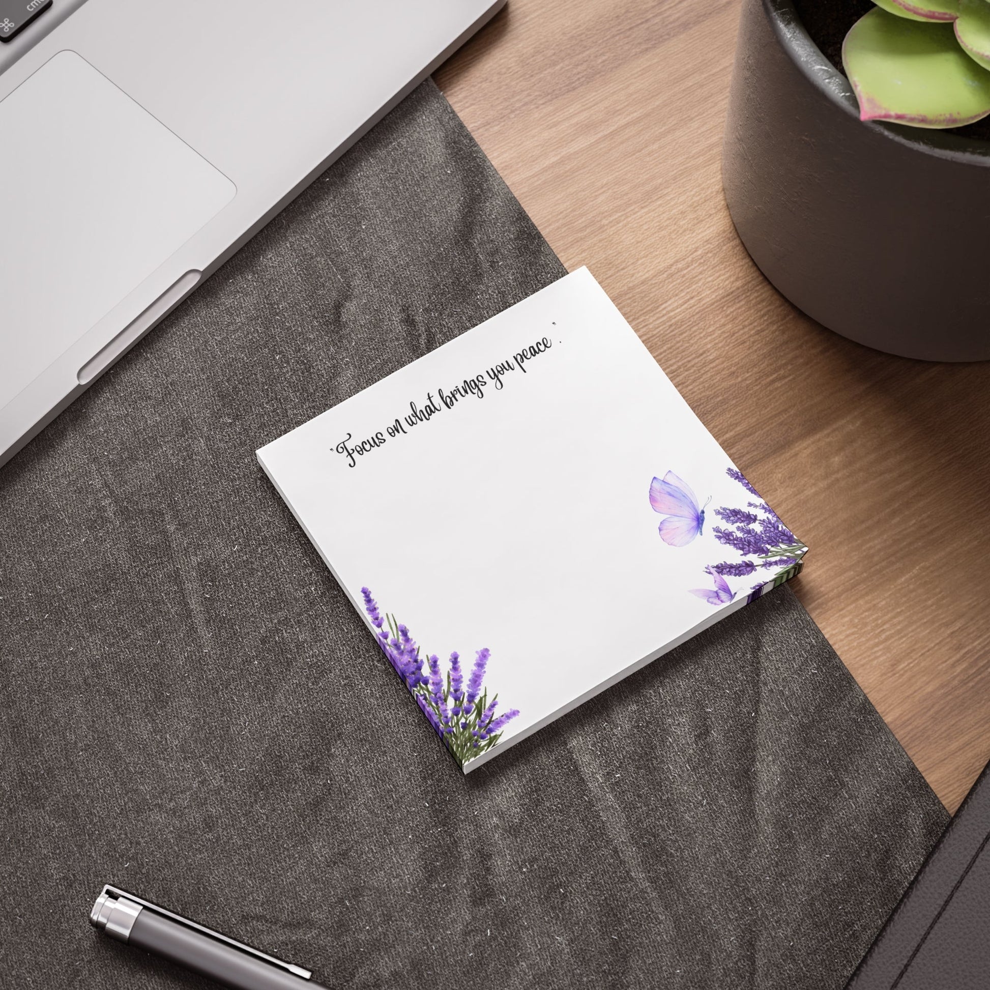 Focus on What Brings You Peace – Lavender Sticky Note Pad | Inspirational Notepad with Butterfly Design | Mindful Desk Accessory Printify