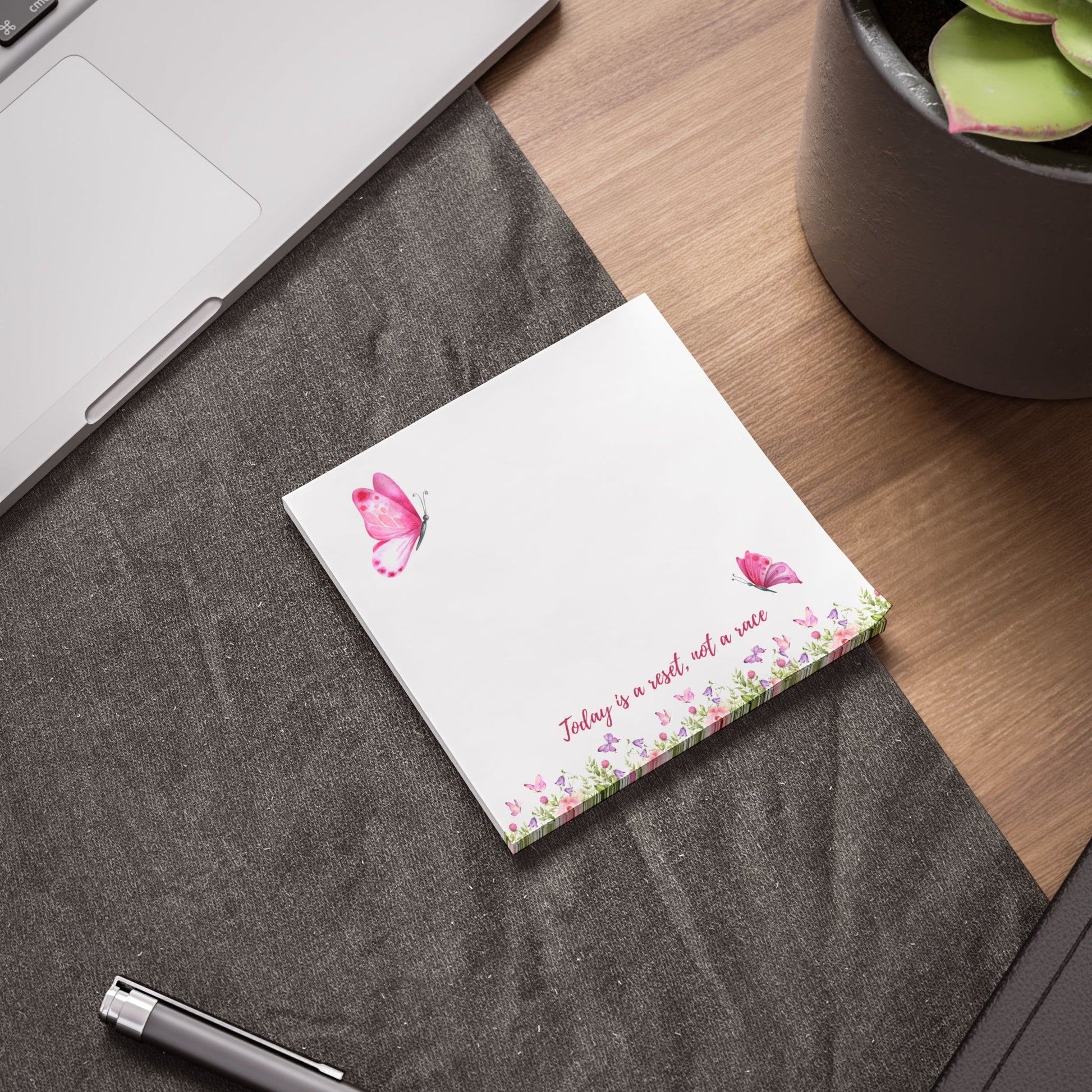 Motivational Sticky Note – “Today Is a Reset, Not a Race” | Butterfly & Floral Self-Care Pad Printify