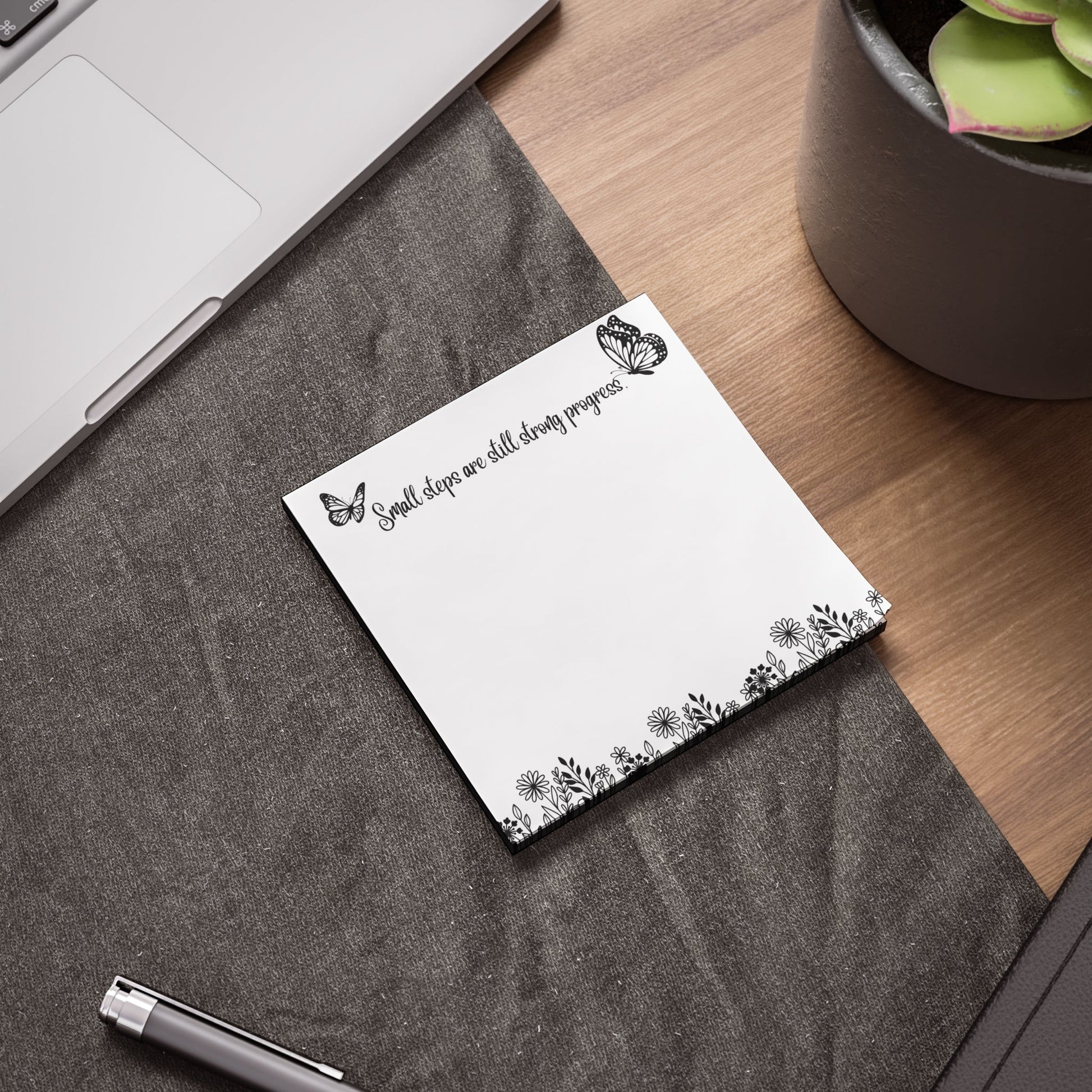 Small Steps Are Still Strong Progress – Motivational Sticky Note Pad | Black & White Floral Note Pad with Butterfly Design | Minimalist Desk Accessory Printify