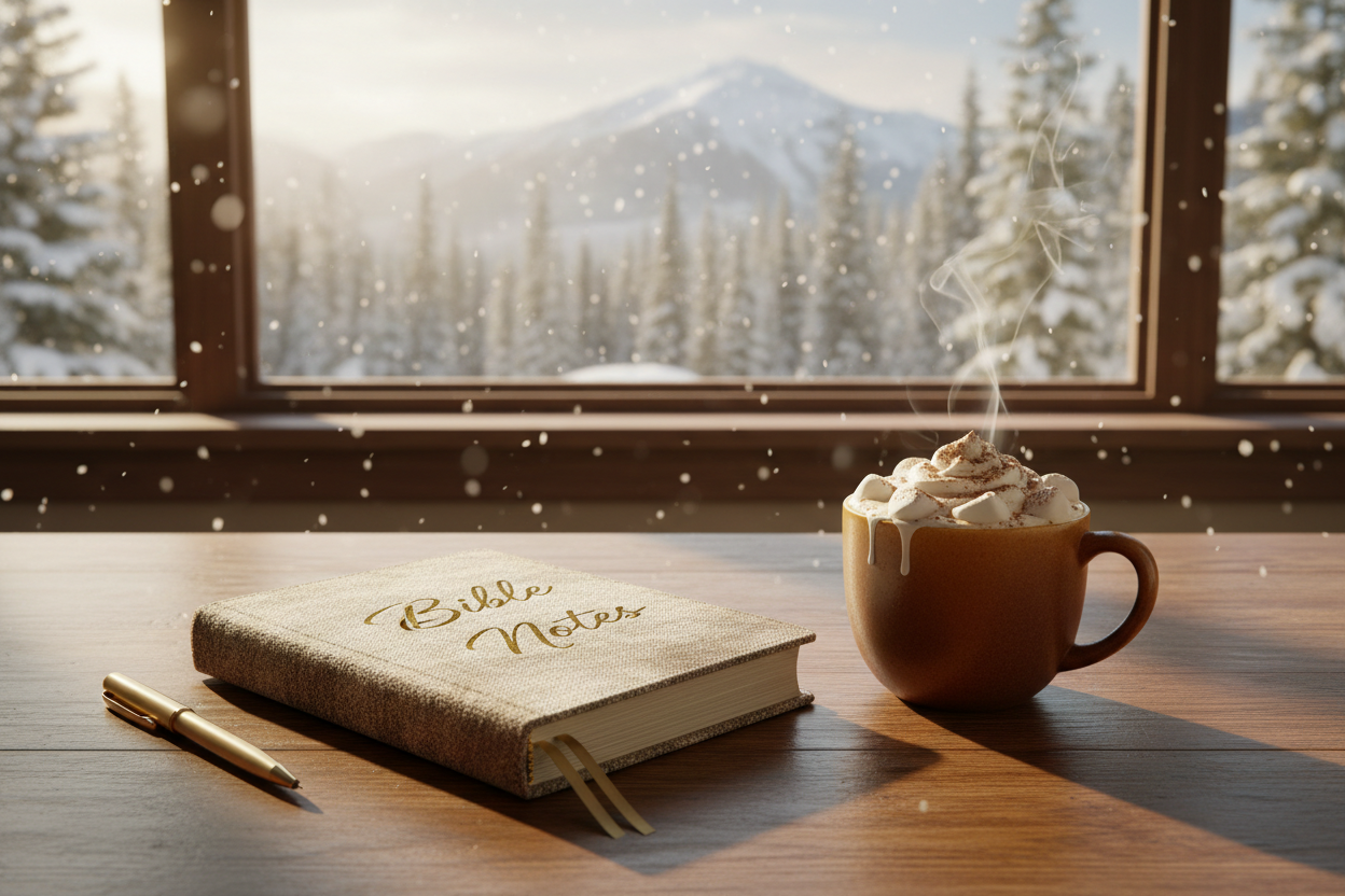 A Beautiful oak desk positioned in front a large picture window.  There is a taupe and cream colored journal sitting on the desk with a gold ink pen on one side and a cup of hot chocolate with mashmellow and whip cream on top of it.  The sun is coming thru the window and its snowing.  On the front cover of the journal on the desk is a beautiful cursive font it reads "Bible Notes"