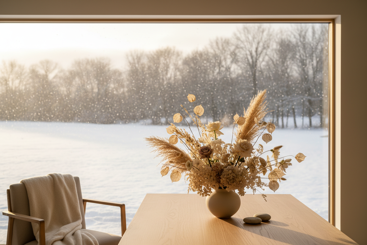 A large picture window in February, not gloomy but some sunshine filtering thru the window.  A light snow is coming down and a beautiful natural table with linen colored flowers sit on the table.