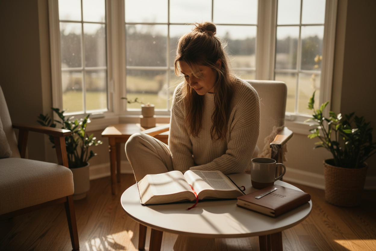 A lifestyle photo of a woman sitting at a window in the afternoon with an open bible, notebook and bookmark on a table in front of her.  Lots of natural sunlight is shining through the window