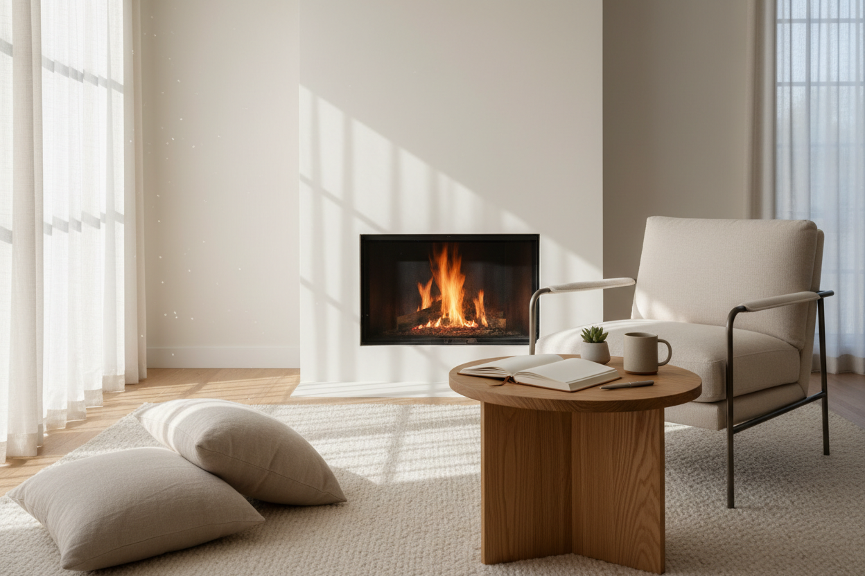 a living room lit in the daytime by the sun, a fireplace with a beautiful fire going, a cream colored side chair and natural wood colored table next to the fireplace with an open journal on the table and a silver pen next to it