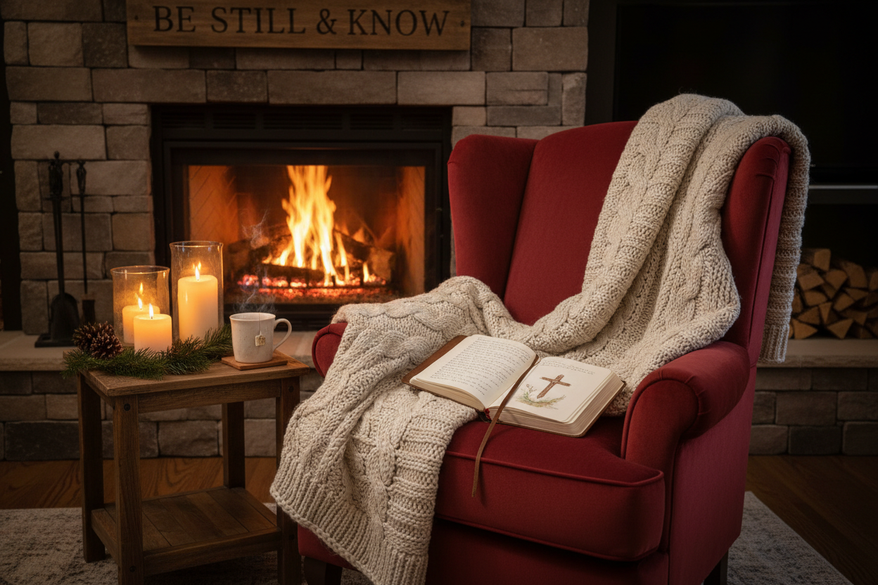 A table lit by warm candlelight beside a fireplace, a cozy winter feel with a chair that has a beautiful knit throw draped across it and a open journal laying on the cushion of the chair