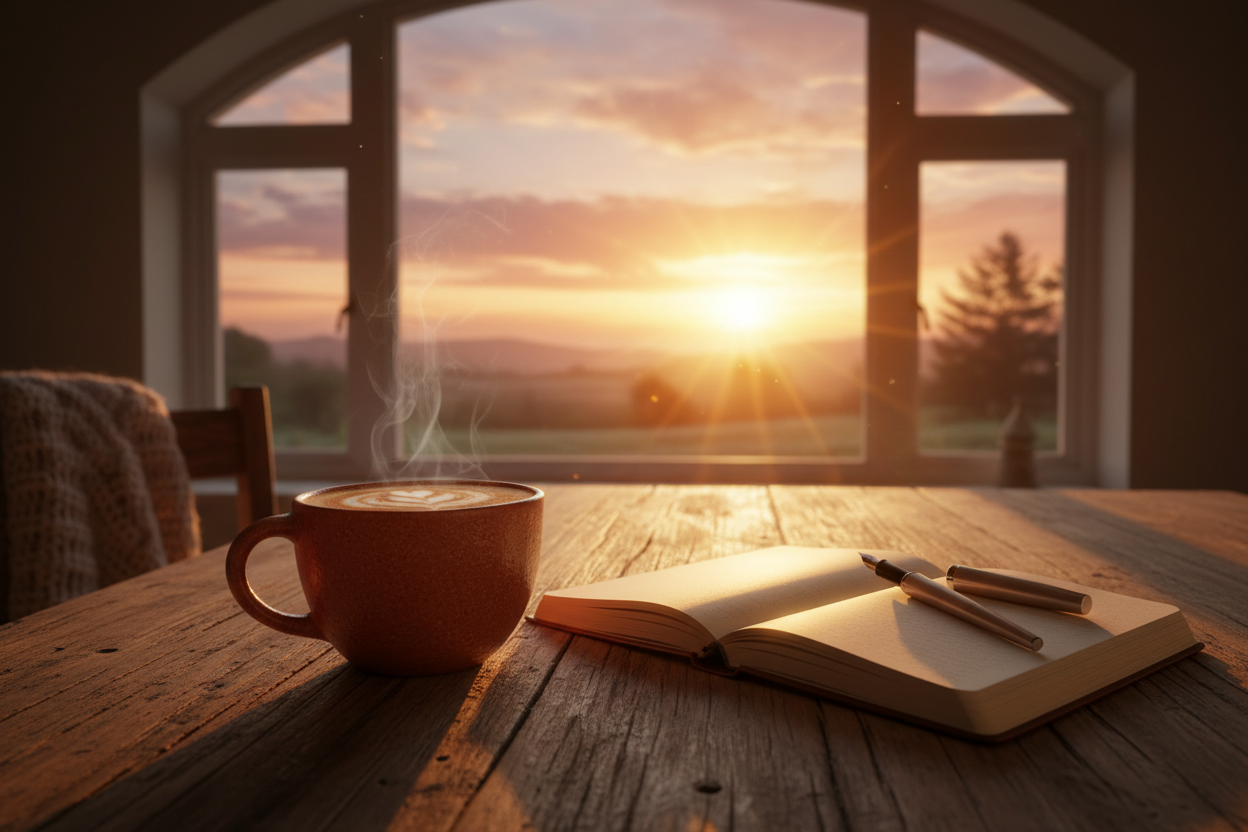 A warm latte sitting on a table in front of a window with morning sunrise that can be seen.  A open notebook lays on the table beside the latte