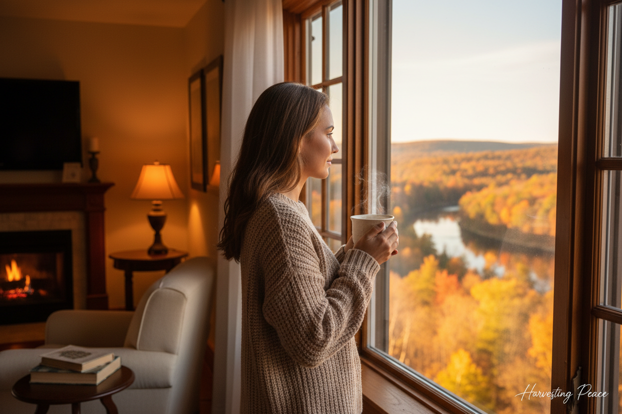 a woman standing in a window looking out at the beautiful fall scenery with a cup of coffee in her hand