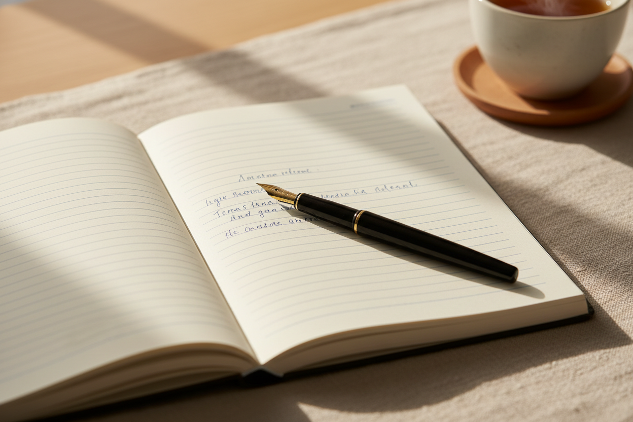 Open wide-ruled journal with a pen resting mid-page (as if paused) Natural light, soft shadows and tea nearby but not dominant.  Neutral linens or wood surface


